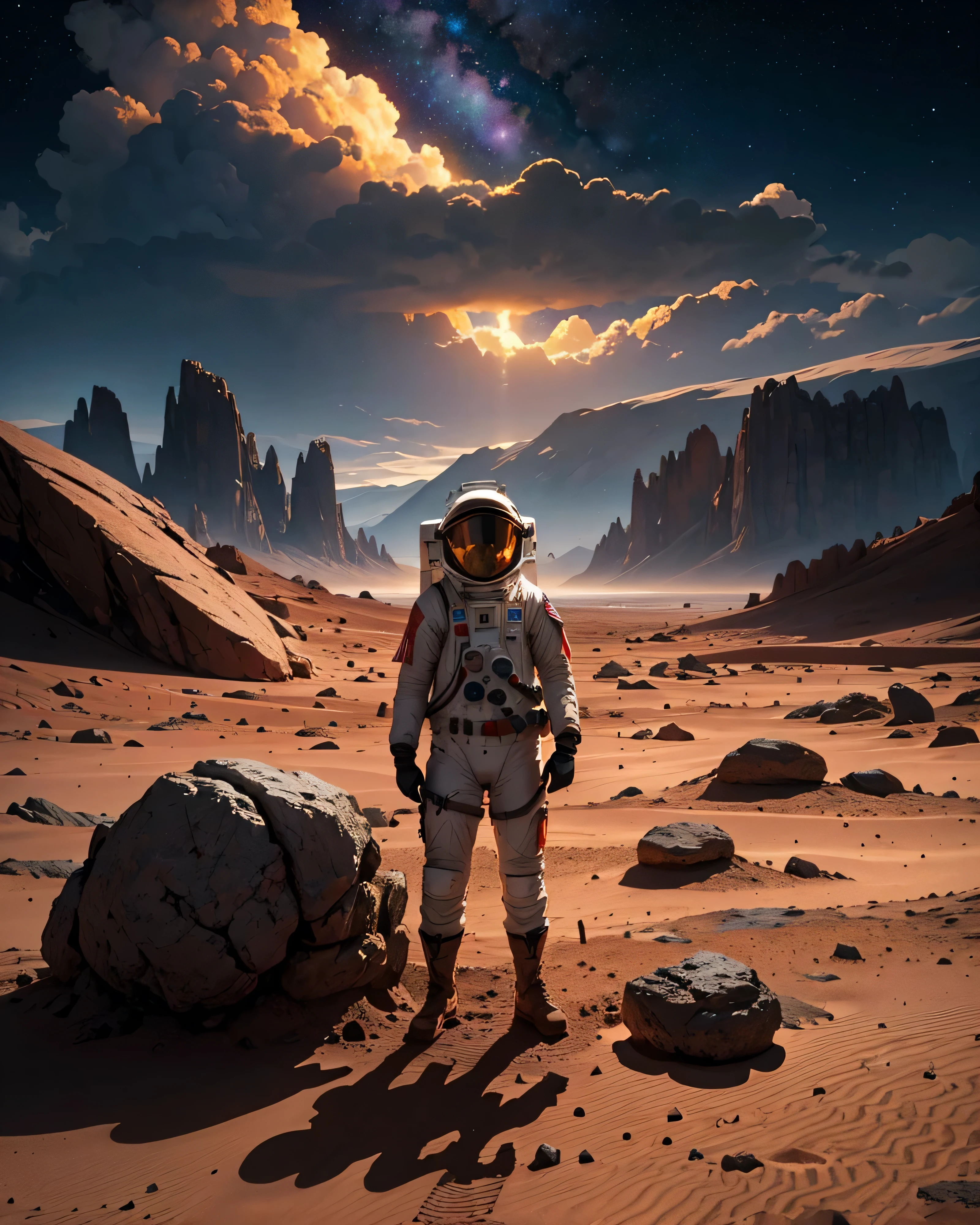 Create an illustration of an astronaut standing on the surface of Mars. The astronaut should be positioned in the foreground, standing upright and occupying approximately 1/5 of the viewer's screen. The spacesuit should be detailed, with a reflective helmet visor that subtly mirrors the surrounding Martian landscape. The scene should be set at night, with the sky illuminated by a myriad of stars, creating a beautiful and mesmerizing celestial display. A few distant planets and the Milky Way could be visible to add to the grandeur of the night sky. The Martian surface should feature a detailed landscape with rocky terrain, dust, and an array of stones and boulders, emphasizing the rugged environment of Mars. The background should include towering Martian mountains that add depth and scale to the scene, silhouetted against the starry sky. Ensure the composition balances the foreground and background elements harmoniously. Pay attention to details such as shadows and highlights to give a sense of realism and depth, capturing the serene yet awe-inspiring atmosphere of a Martian night.