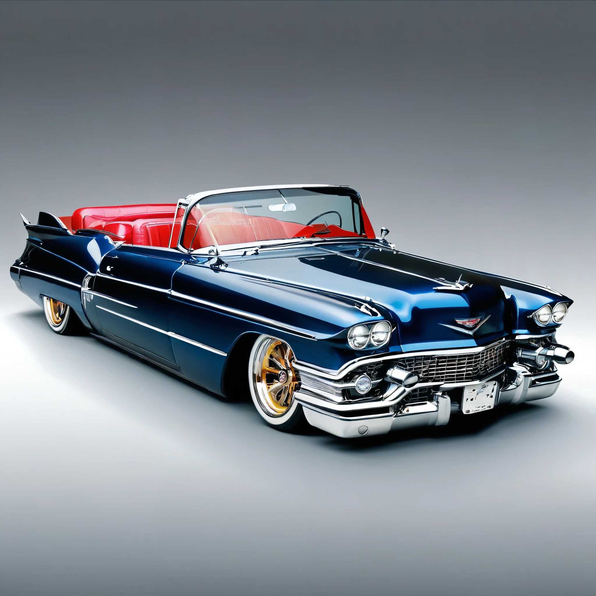 DIAGONAL image of A beautiful 18 year old girl driving inside a 1959 hot rod Cadillac Eldorado Biarritz convertible limousine, COR azul escuro cromado METALICO reflexivo, COLOR dark blue METALLIC, Estilo Hotrod , a pintura reflete a luz do sol forte, reflexo do brilho da luz na pintura, tem roda cor dourada estrela, thick, ridiculously wide, right-facing sport gold star wheels, RODAS DOURADAS E POLIDAS, paralamas robustos e extendidos para fora estilo ford cobra, as rodas saem pelos paralamas, ridiculously lowered front suspension, he is inside a metal garage with black walls, ambiente privado, imagem em pose diagonal, obra prima, imagem inteira