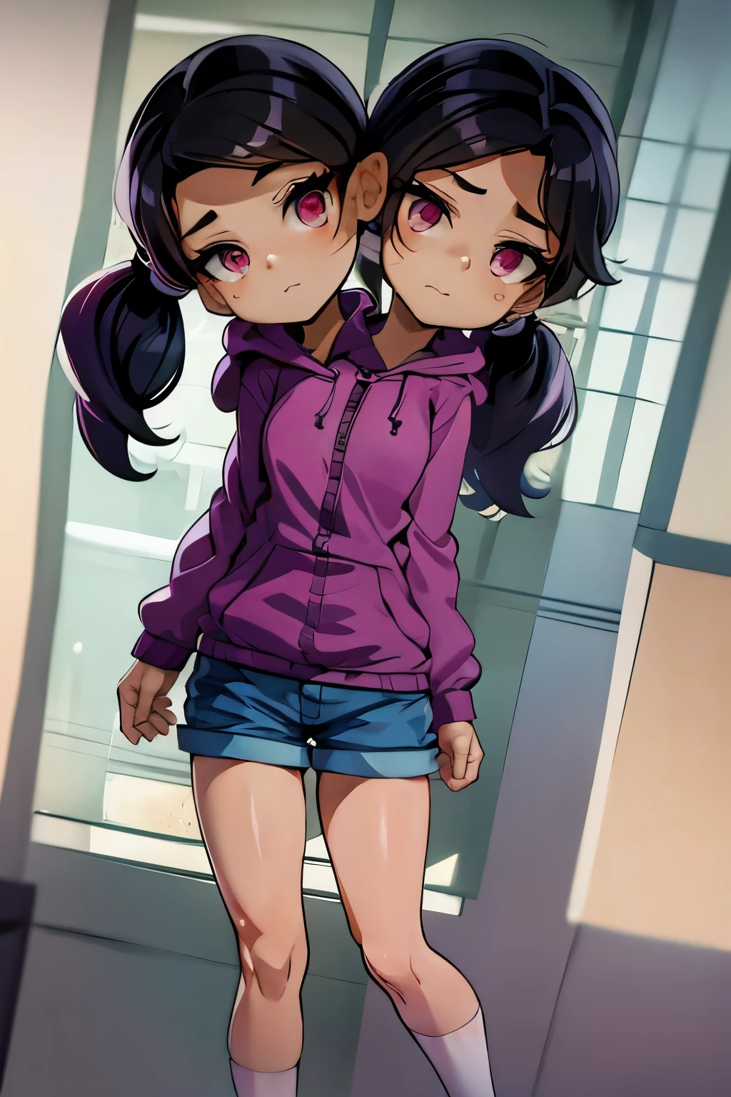 conjoined, 2heads, girl with two heads instead of one, 2head, cuerpo curvilineo, brazos curvilineos, usando shorts, ropa abrigada, piernas curvilineas, anime cartoon, using a purple hoodie, each head has a ponytail, anatomia proporcionada, torso ancho, pechos medianos
