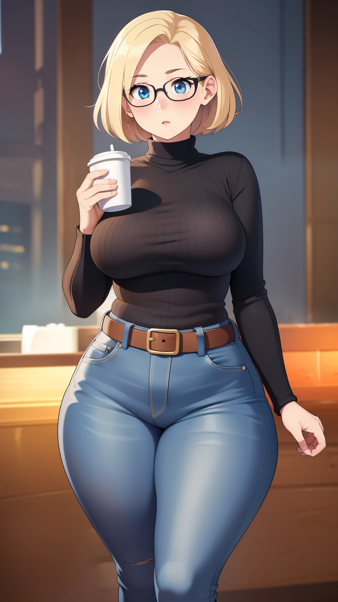 ((Masterpiece)), perfect anatomy, perfect shading, field of depth, (best quality), extremely delicate and beautiful, perfect lighting, detailed face, ultra cute face, cute, (cowboy shot 1.2), full body, (((1girl))), ((solo)), looking at viewer,
short hair, fluffy hair, blonde hair, blue eyes, Glasses, ((blush)), shy, nervous (black turtleneck sweater 1.5), (jeans 1.2), belt, extremely tight clothes, medium breasts, ((wide hips)), (((thick thighs))), ((curvy)),
cafe, intricate background, detailed background, hand on hip, holding coffee cup,