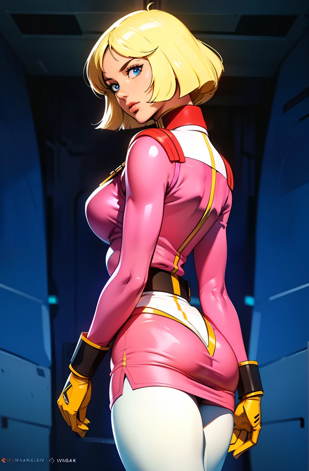 ((masterpiece)), ((cinematic lighting)), realistic photo、Real Images、Top image quality、1girl in, sayla mass, Elegant, masterpiece, Convoluted, slim arms, wide hips, thick thighs, thigh gaps, Best Quality, absurderes, high face detail, Perfect eyes, mature, Cowboy Shot, , Vibrant colors, soft pink uniform, soft pink Skirt, white tights, side view, shapely butt