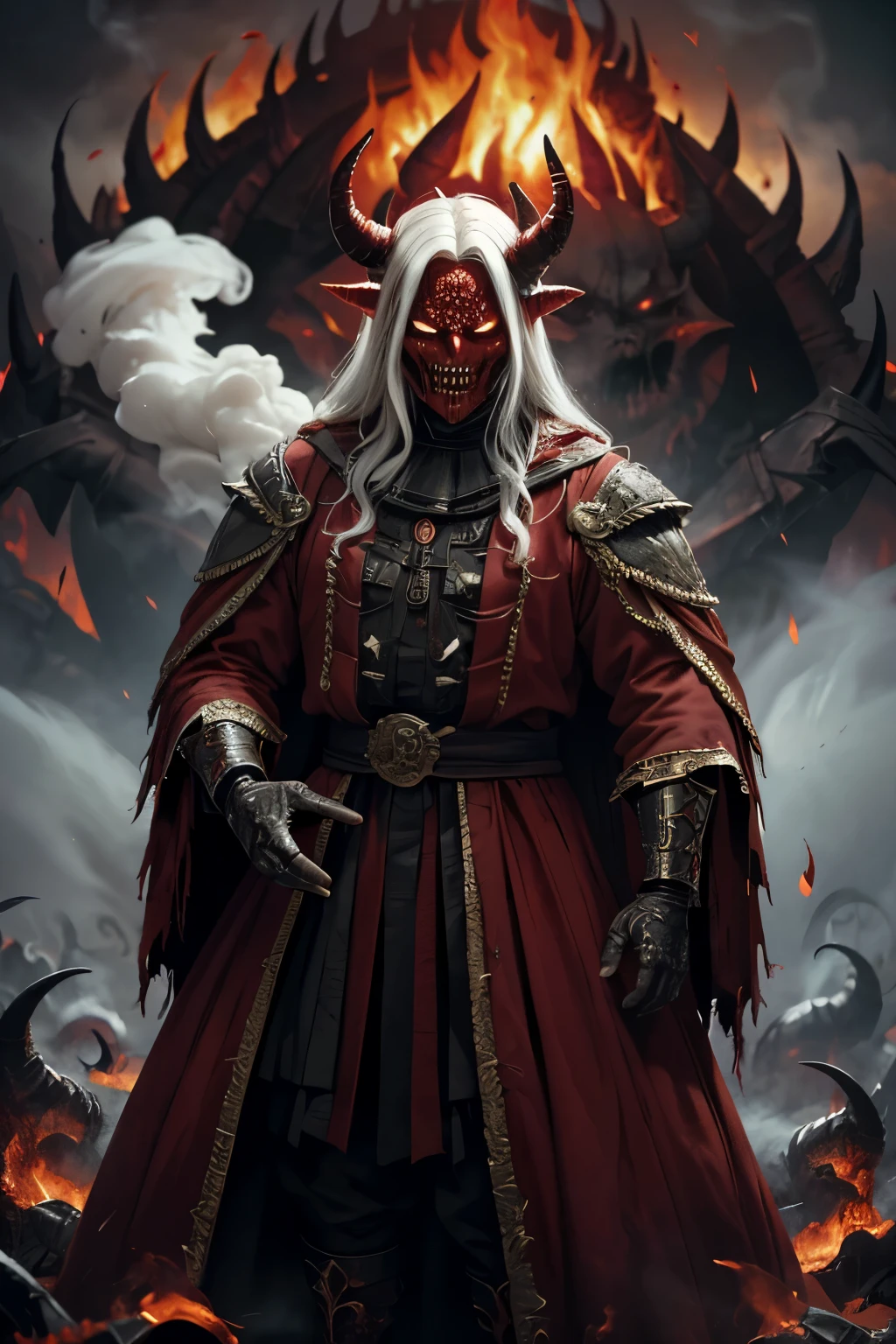 Horror-themed cinematic film still,a horrifying red-skinned male demon king, (((wearing a scary white mask))),(full body portrait:1.3), (detailed scaly skin texture:1.2), (((ram curved horns))), (in hell, swirling tormented souls, billowing smoke:1.5), long wavy red hair, (((slavic black full clothes))), medieval scarf, monster claws,, shallow depth of field, vignette, highly detailed, high budget, bokeh, cinemascope, moody, epic, gorgeous, film grain, grainy . Eerie, unsettling, dark, spooky, suspenseful, grim, highly detailed