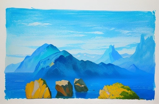 painting of three rocks in front of a mountain with blue sky, gouache on canvas, inspired by Svetoslav Roerich, inspired by Milton Avery, distant mountains, inspired by Paul Henry, inspired by Kyffin Williams, inspired by Pierre Puvis de Chavannes, oil pastels and gold, gouache painting, semi realistic gouache painting, inspired by Nicholas Roerich