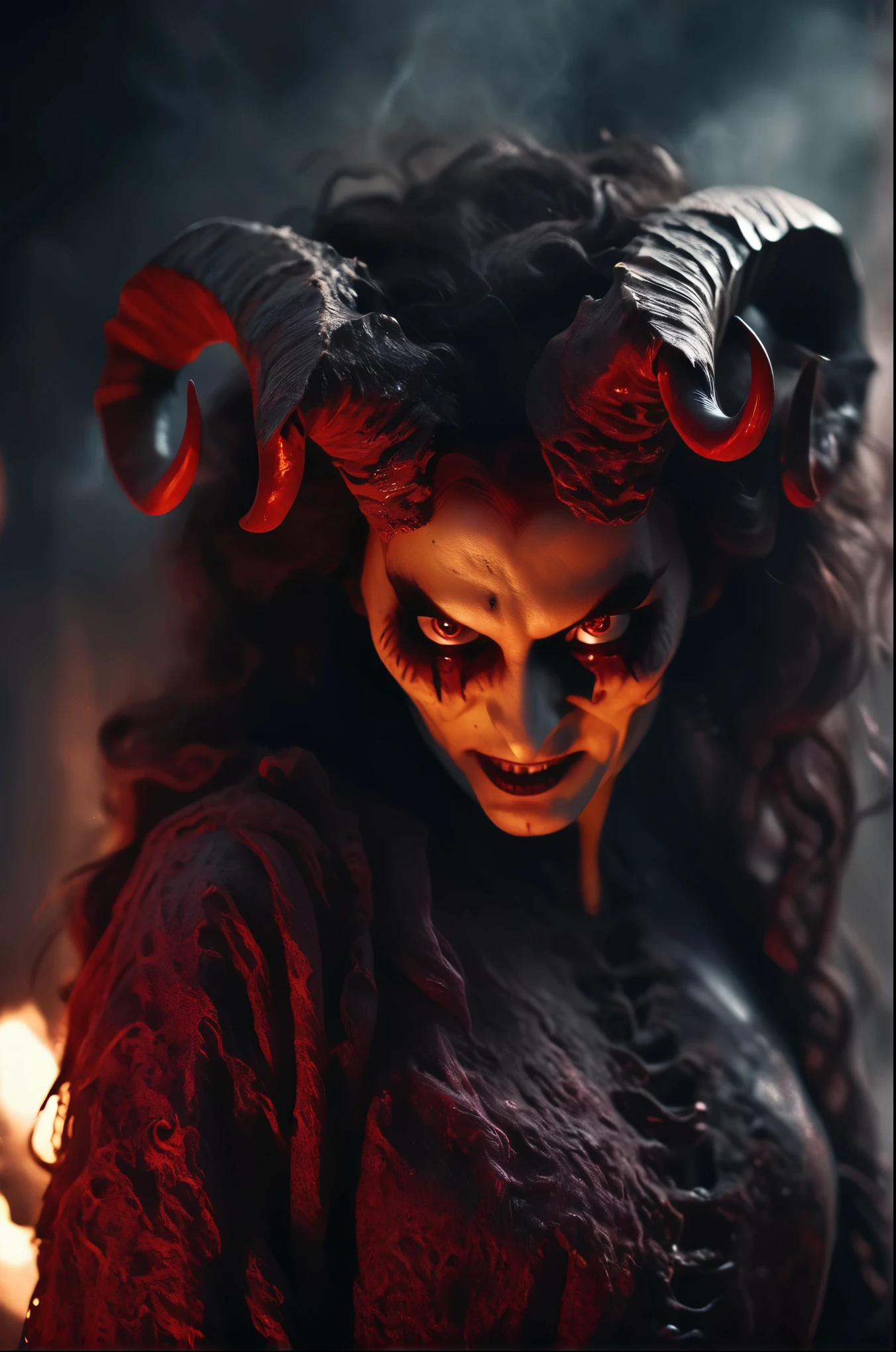 Horror-themed cinematic film still,a horrifying red-skinned woman demon queen, (full body portrait:1.3), (detailed scaly skin texture:1.2), (((ram curved horns))), (in hell, swirling tormented souls, billowing smoke:1.5), long wavy red hair, (((slavic black full clothes))), medieval scarf, monster claws,, shallow depth of field, vignette, highly detailed, high budget, bokeh, cinemascope, moody, epic, gorgeous, film grain, grainy . Eerie, unsettling, dark, spooky, suspenseful, grim, highly detailed