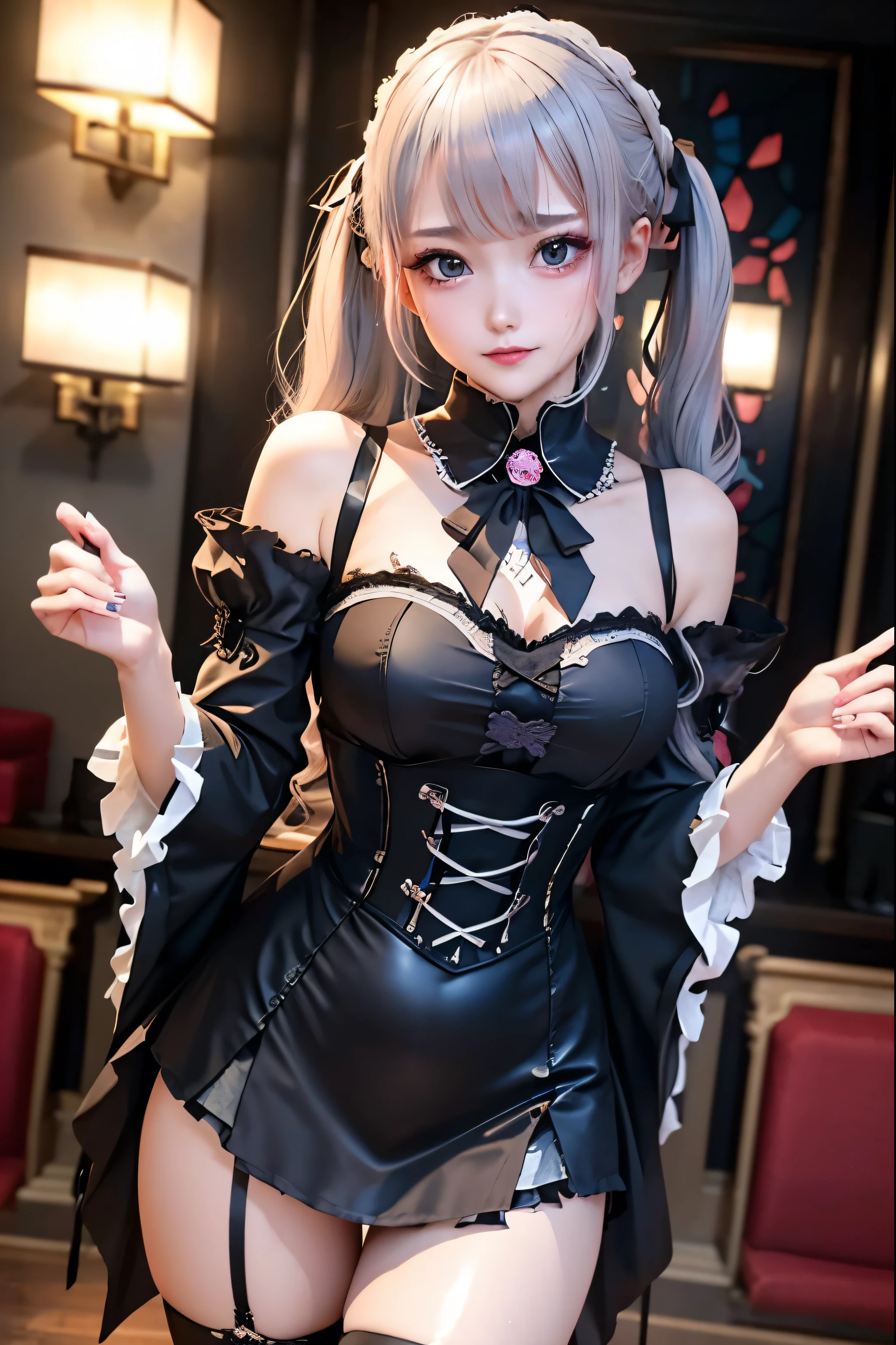 Hard Dark Gothic Makeup、Deep Night Sky、Horror、Black dark eyeshadow、cry、sad、Good skin radiance、Dark Gothicメイク、Dark smile、palace、The beauty of fragrance、24-years-old、Expressions of intense sexual pleasure、Embarrassed look、Dark Gothic、Obscene language、highest quality、Drunk face、紫のMaid clotheysterious、Noble、sexy、Loving smile、Twin tail hair、Right blue eye, Left eye is red、Platform Heel Shoes、Heavy makeup、Gothic Lolita Clothing、A little slimmer、Silver Hair、Long Hair Straight Hair、Cute Gothic Lolita Dress、Beautiful Face、elegant features、Fascinating face、Stained glass is the background、Chest glistening with sweat、The room is dark、gothic long dress、Bell Sleeves、Wizard Sleeve、Decadent look、Sexually excited expression、Glossy thighs wet with water、Thighs that are wet and shiny with oil、Background of a room full of roses、sad expression、The embroidery is pink、The dress has pink embroidery、Thigh-high socks、Knee-high socks、Gentle expression、Dark black eyeshadow、Stained glass and rose background、Female Duo、Female couple、dark church background、Stained glass、Black metal world、Dark Castle、Dark Room、Slender body、gothic long dresaid clothes、Victorian dresses、Her thighs glisten with sweat、My body is wet and shiny、Lots of glitter on the thighs、sweating、My thighs are sticky from sweating、Sweat glistens on the thighs, The whole body is sweaty and shiny、Quite sweaty、My thighs are sweaty、My thighs are so wet、My thighs are shining with sweat、A lot of sweat glistens all over the body、The thighs are the best、Small breasts、Orchestra Stage、Dynamic Angle、Standing posture、Are standing、Play the violin、With a violin、A dress that reaches to the feet、