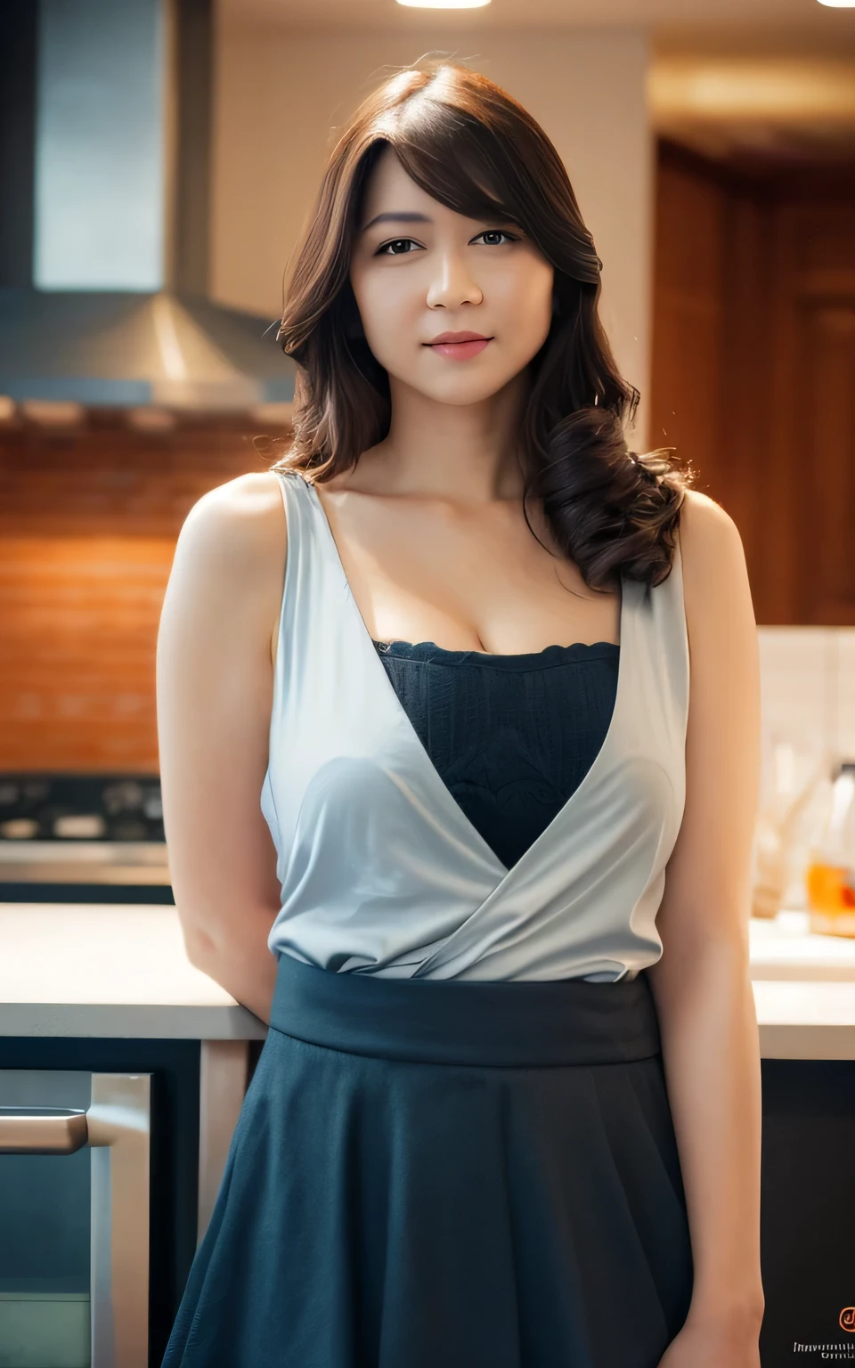 sexy pose, Highly detailed CG Unity 8k wallpaper, of the highest quality, super detailed, masutepiece, Realistic, photos realistic, extremely detailed cute girl, 25 years old, Large breasts , cleavage , (mikoto outfit : 1.2), Round eyes, looking at viewer , closed mouth, cowboy shot, kitchen background, skirt, mini skirt, upskirt, open legs, squats, crouch
