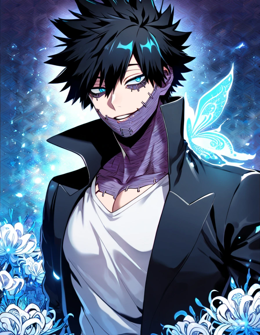 absurdres, highres, ultra detailed, HDR, master piece, best quality, Dabi, black hair spiked around his head, expressive turquoise eyes, Boku no hero academia, solo, sexy man, handsome, toned chest, black coat with high collar, white shirt, patterns, magical, fantasy, blue flames background, blue spider lilies, shining, blue petals, blue glittering butterflies, blue flames around him