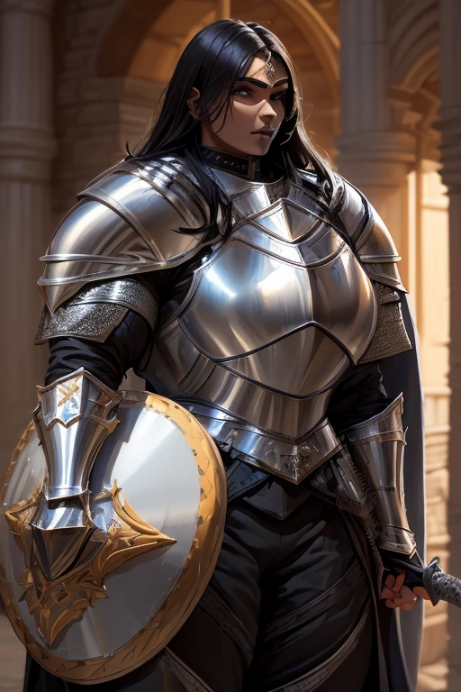 ((((Massive, tall, beautiful, buff, muscular light brown skinned female knight with black hair, black lipstick, ginormous bulky muscles, holding a sword and shield and wearing an all black gleaming knight armor with hauberk and pants)))), {close view}, black eyeliner, massive muscles, massive biceps, hyper muscle triceps, (long straight hair), orange eyes, knight boots, In a castle, hauberk, black steel knight armor, armor breastplate, nighttime, confident smile, hyper muscles arms, hyper muscle legs, ginormous arms