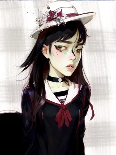 a drawing of a woman with a hat and a dress, inspired by Yanagawa Nobusada, murdoc niccals, fanart, inspired by Junji Ito, inspired by Ryuzaburo Umehara, 2 d anime style, 2 d gorillaz, inspired by Awataguchi Takamitsu, marin kitagawa fanart, inspired by Yukihiko Yasuda
