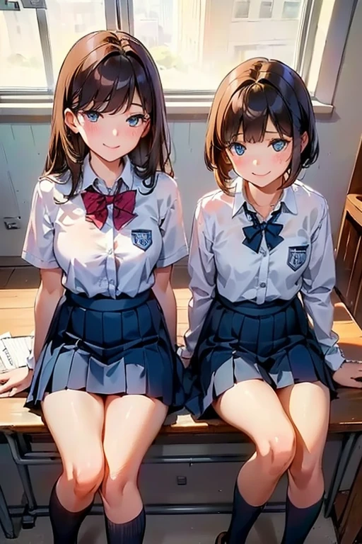 ({Very Aesthetic}, {Very Detailed}, {Very Real},1 Cute high school Girl, brown hair, semiLong Hair, Handsome Face, Delicate Eyes, (school uniform),Delicate Body, smile, (blue skirt), sitting, day, classroom,