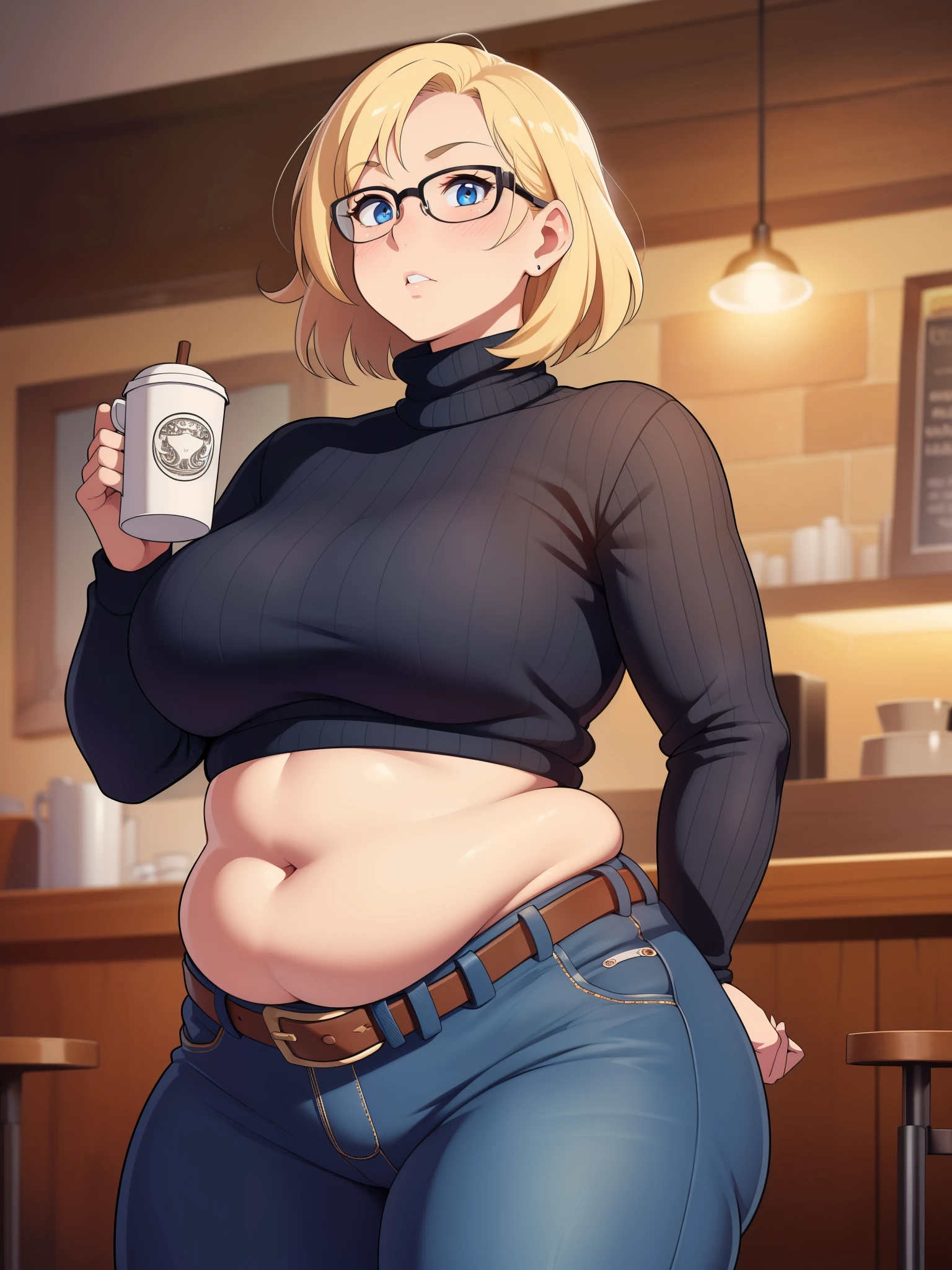 ((Masterpiece)), perfect anatomy, perfect shading, field of depth, (best quality), extremely delicate and beautiful, perfect lighting, detailed face, ultra cute face, cute, (cowboy shot 1.2), full body, (((1girl))), ((solo)), looking at viewer,
short hair, fluffy hair, blonde hair, blue eyes, Glasses, ((blush)), shy, nervous, (black turtleneck sweater 1.5), (jeans 1.2), belt, extremely tight clothes, medium breasts, ((wide hips)), ((thick thighs)), ((chubby)), belly bulge, belly hang,
coffee shop, intricate background, detailed background, hand on hip, holding coffee cup,