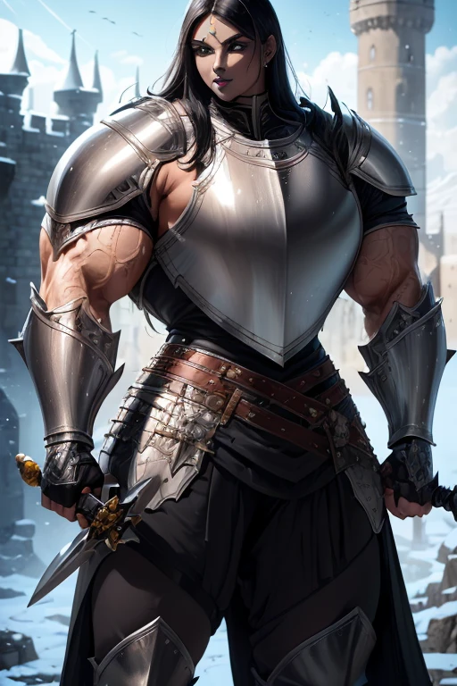 ((((Massive, tall, beautiful, buff, muscular light brown skinned female knight with black hair, black lipstick, ginormous bulky muscles, holding a sword and shield and wearing an all black gleaming knight armor with hauberk and pants)))), {close view}, black eyeliner, massive muscles, massive biceps, hyper muscle triceps, (long straight hair), orange eyes, knight boots, In a castle, hauberk, black steel knight armor, armor breastplate, nighttime, confident smile, hyper muscles arms, hyper muscle legs, ginormous arms