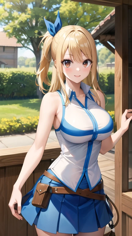 masterpiece, best quality, highres, lucy heartfilia, 1girl, solo, blonde hair, brown eyes, long hair, hair ribbon, large breasts, white shirt, sleeveless, belt, blue skirt, cowboy shot, standing, outdoors