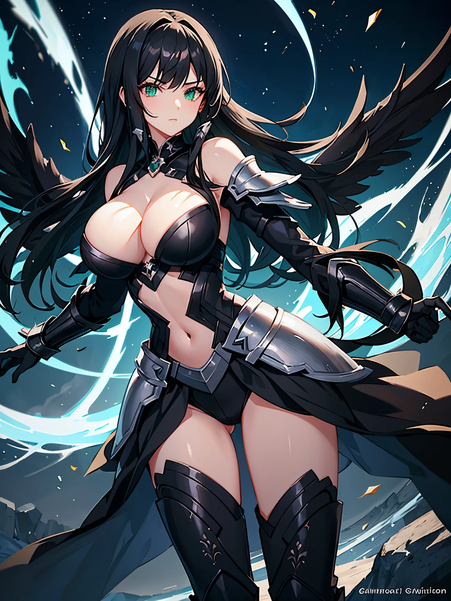 Beauty warrior girl, green eyes, black hair, full silver armour, big breasts, photon wings, perfect eyes