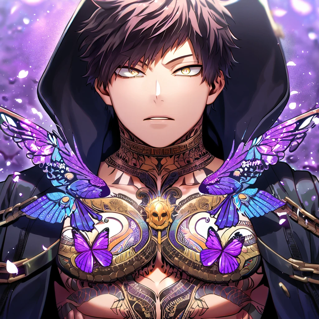 Ultra detailed, Highres, absurdres, HDR, Chisaki Kai, Overhaul, dark brown hair, short hair, expressive golden eyes, black coat with patterns, Boku No Hero Academia, purple flowers, petals, handsome, sexy man, solo, very detailed eyes and face, glittering purple butterflies, master piece, toned chest, glittering, fantasy, cross, tattoo on his neck, purple background, best quality