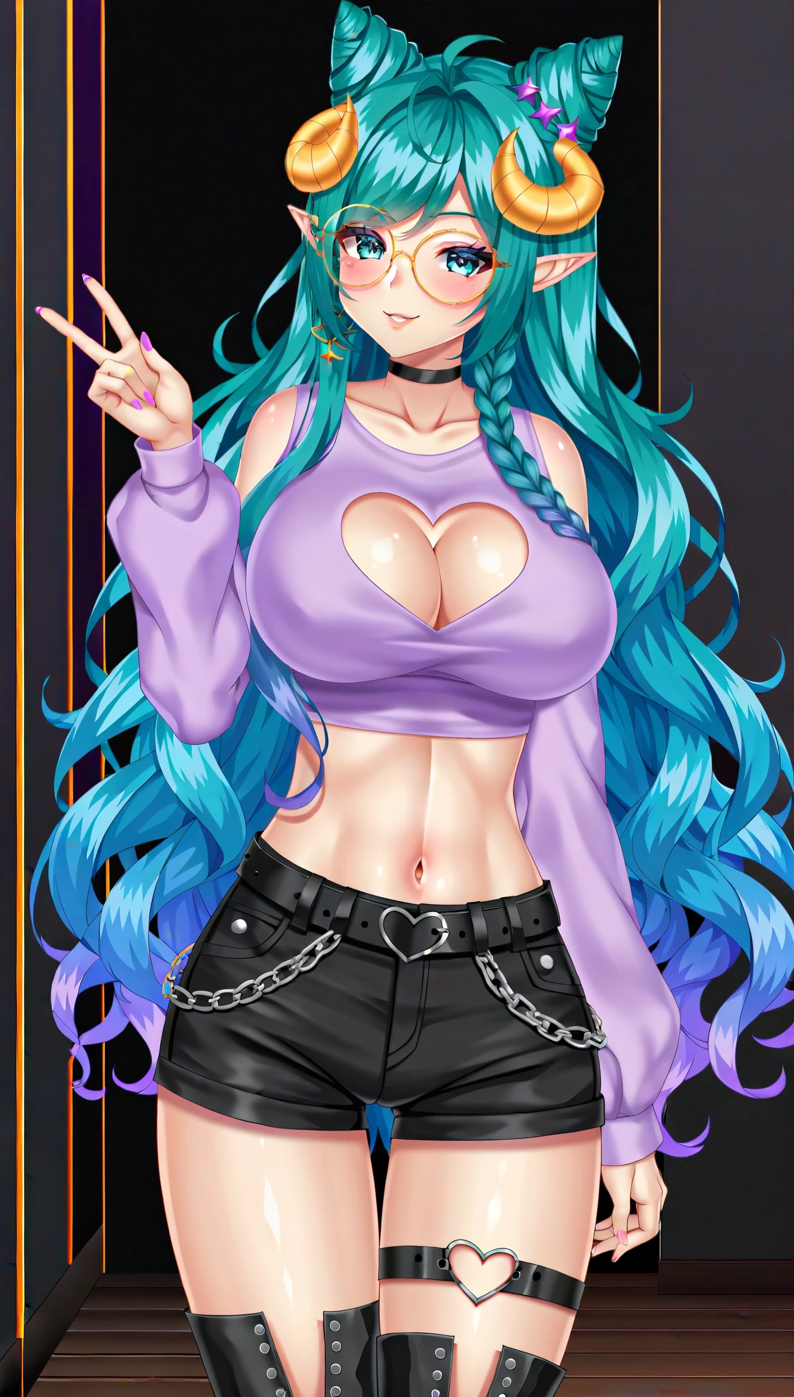 GrayshlinVTXL, glasses, round eyewear, aqua eyes, multicolored eyes, aqua hair, multicolored hair, gradiant hair, long hair, bangs, sidelocks, braid, cone hair bun, star hair ornament, pointy ears, horns, large breasts, choker, cleavage cutout, heart cutout, purple crop top, navel, belt, chain, black shorts, black thighhighs, thigh strap, black boots, (solo), standing, looking at viewer, indoors