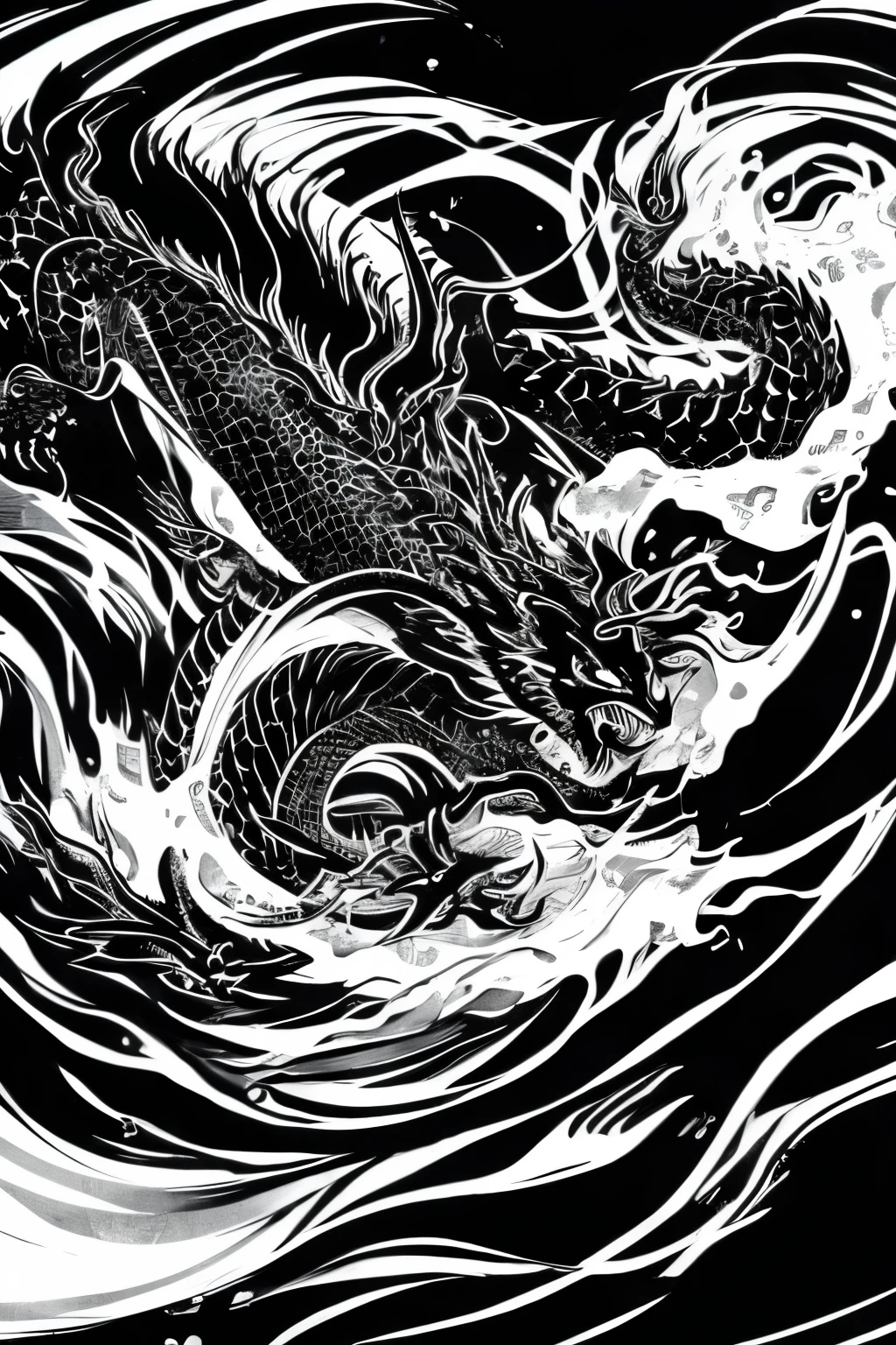 best quality, super fine, 16k, delicate and dynamic, black and white ink painting, dragon god, water blur effect, brush stroke effect, abstract painting, smudged gray effect