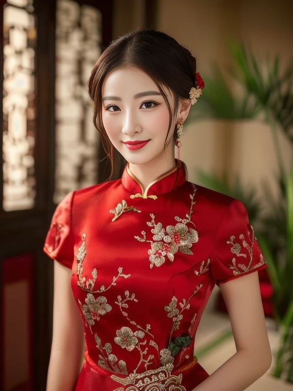 Close-up of woman in red dress posing for photo, Chinese dress, Cheongsam, wearing a red Cheongsam, Chinese style, traditional chinese, traditional chinese clothing, Chinese girl, Chinese woman, Chinese dress, with ancient Chinese clothes, Gorgeous Chinese model, cute woman, Wear beautiful clothes., traditional beauty, Wear gorgeous clothes.