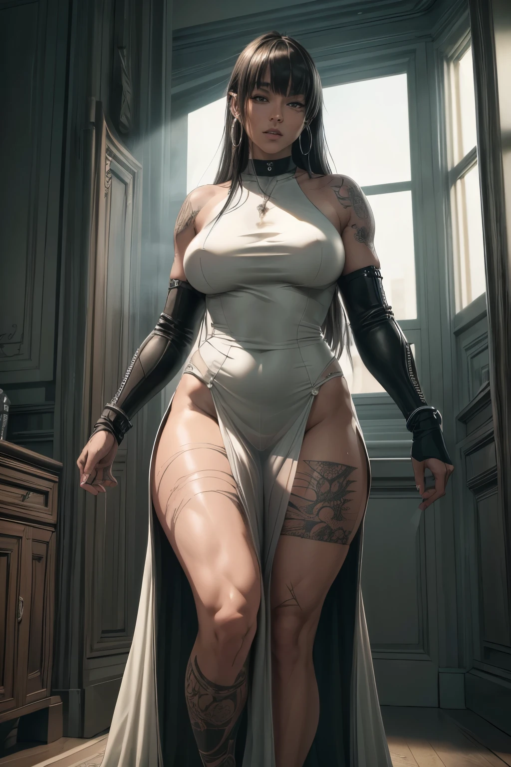 a tall futanari with muscular and sexy curvy body, slim waist and wide hips, wearing a long white transparent dress, large penis, full body and empowered sexy pose, long hair with bangs, cute and sexy appearance, tattoos and scars on body, piercings and hoop earrings, (Futuristic), (futanari), (trap), (best quality,4k,8k,highres,masterpiece:1.2),ultra-detailed,(realistic,photorealistic,photo-realistic:1.37),hyper detailed, cinematic lighting, vibrant colors, 8k, extremely detailed, highly detailed, intricate details