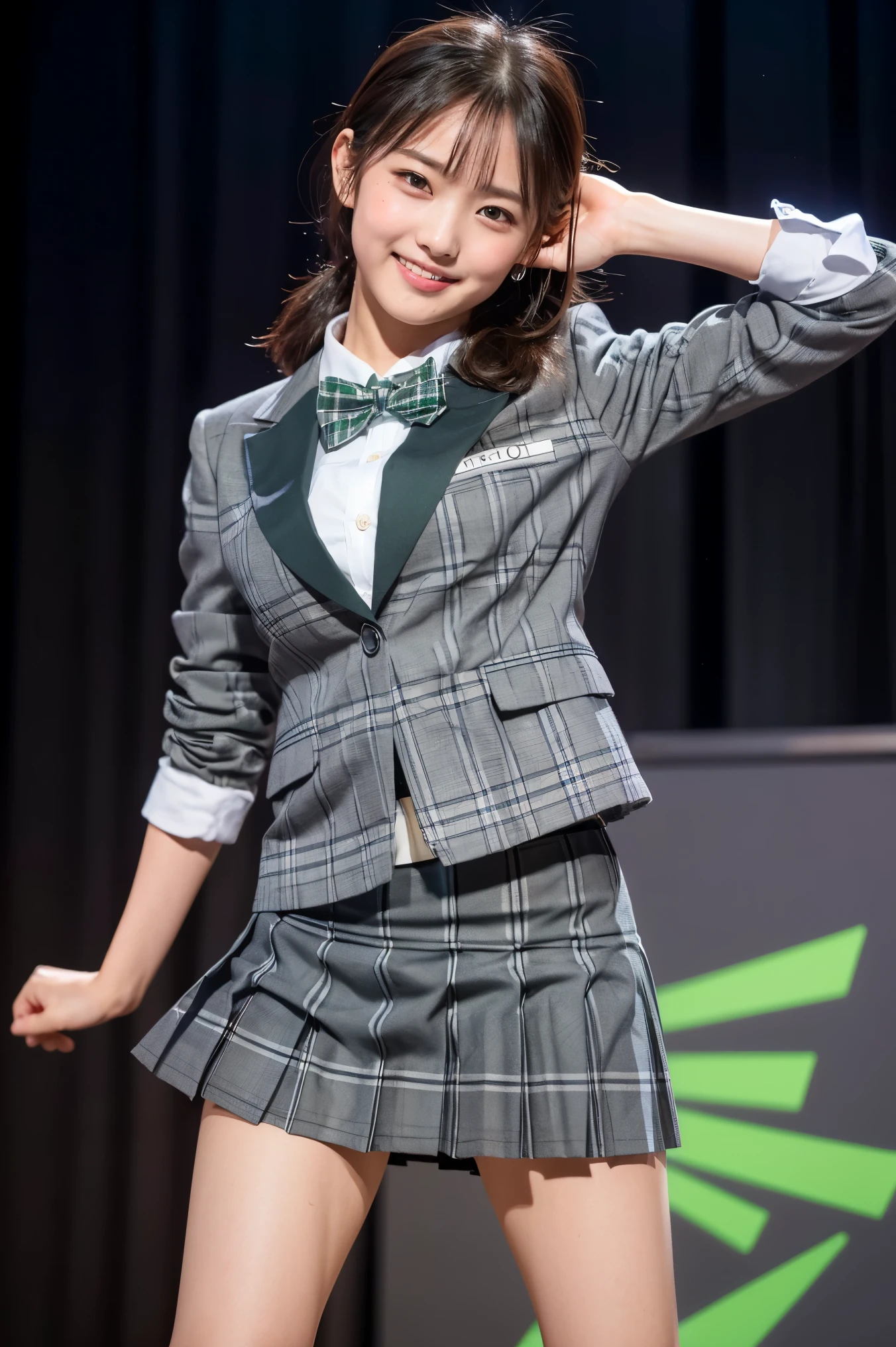 (8k), (highest quality: 1.2), (Realistic), (Realistic: 1.37), Ultra-high resolution, 1 girl, cute, (A shy smile:1.2), (Blushing:1.4)Mouth closed, Beautiful details, Beautiful Nose, Giant Dulcefo, pork, Thighs,Navel exposed,University uniform,A bow tie,(A simple dark green blazer),少し太いThighs(Grey plaid pleated skirt:1.4),Dancing on the school stage,(光沢のThighs:1.3),Medium Shot,(Thighsにクローズアップ:1.2),(Low - Angle:1.2)