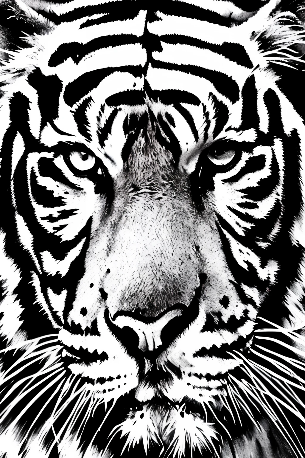 best quality, super fine, 16k, delicate and dynamic, black and white ink painting, white tiger god, water blur effect, brush stroke effect, abstract painting, smudged gray effect