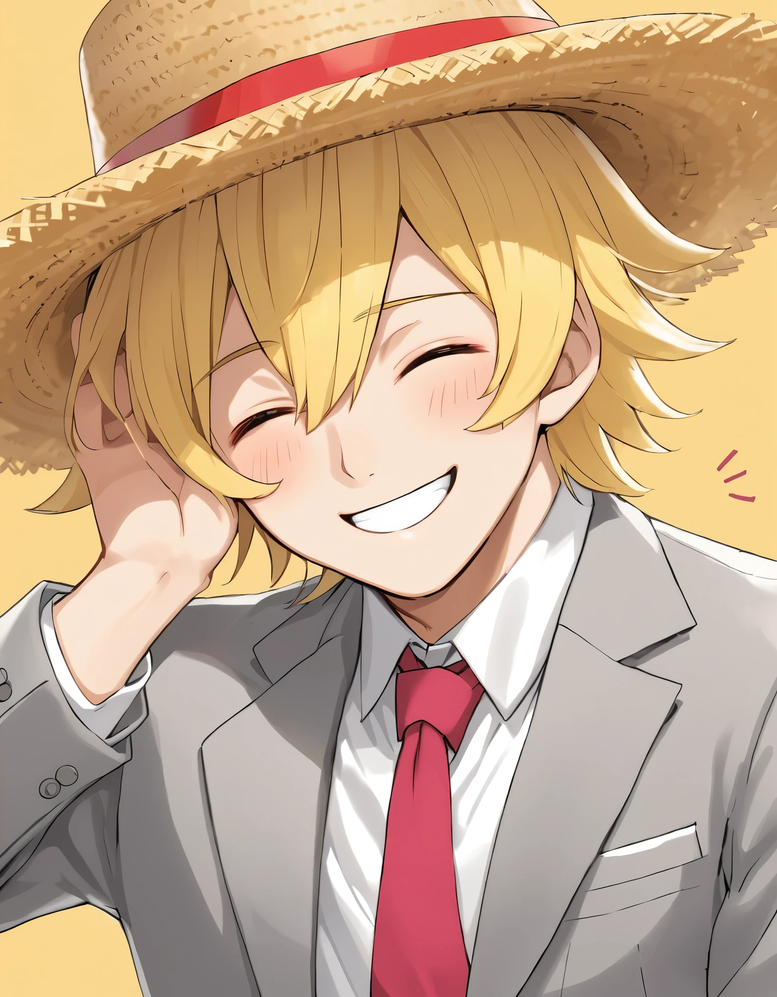 I want you to make a man in a gray suit and pink tie with a white shirt short straight yellow hair with a straw hat on his head and a red band in the middle of the hat smiling with one eye closed.