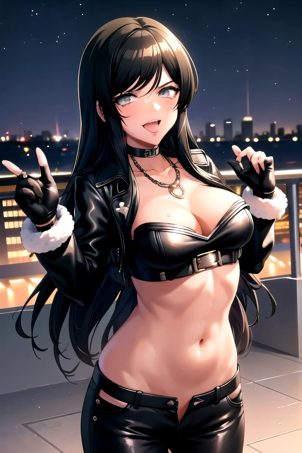 tsubakid4dj,  jewelry, very long hair, choker, shiny, necklace, shiny hair,  swept bangs, ring, big breast, blush, lipstick, fur trim, mature female, gloves, fur-trimmed coat,outdoors, rooftop, cityscape, building, railing, night, night sky, scenery, moon, city lights, fur trim, mature female, gloves, fur-trimmed coat,masterpiece, best quality, highly detailed, a girls with a gun, evil smile , open mouth, sexy gaze, badass pose , evil smile, smile, (nsfw) not safe for work, guns blazing, anime girl with long hair, beautiful long haired girl, navel, evil expression, exposed belly, exposed navel, exposed midriff, exposed lower belly, long black pants, crop top, cleavage, unbuttoned leather pants ,open fly, low rise black leather pants, leather jacket, holding a gun, navel piercing,, mouth open and tongue out, open,,open arms sideway, arms T-pose, smirk, standing, anime girl T posing