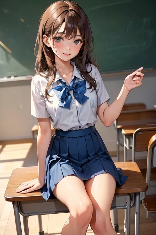 ({Very Aesthetic}, {Very Detailed}, {Very Real},1 Cute high school Girl, brown hair, semiLong Hair, Handsome Face, Delicate Eyes, (school uniform),Delicate Body, smile, (blue skirt), sitting, day, classroom,