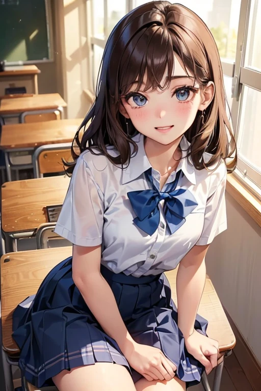 ({Very Aesthetic}, {Very Detailed}, {Very Real},1 Cute high school Girl, brown hair, semiLong Hair, Handsome Face, Delicate Eyes, (school uniform),Delicate Body, smile, (blue skirt), sitting, day, classroom,