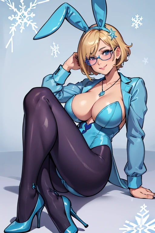 female, blonde short hair with purple trim, purple eyes, (((1girl))), (((light blue bunny suit))), (light blue bunny ears), (light blue heels), (black pantyhose), (glasses), (necklace with snowflake pendant), cute and sexy, full body, large breasts, large butt, long legs, smiling