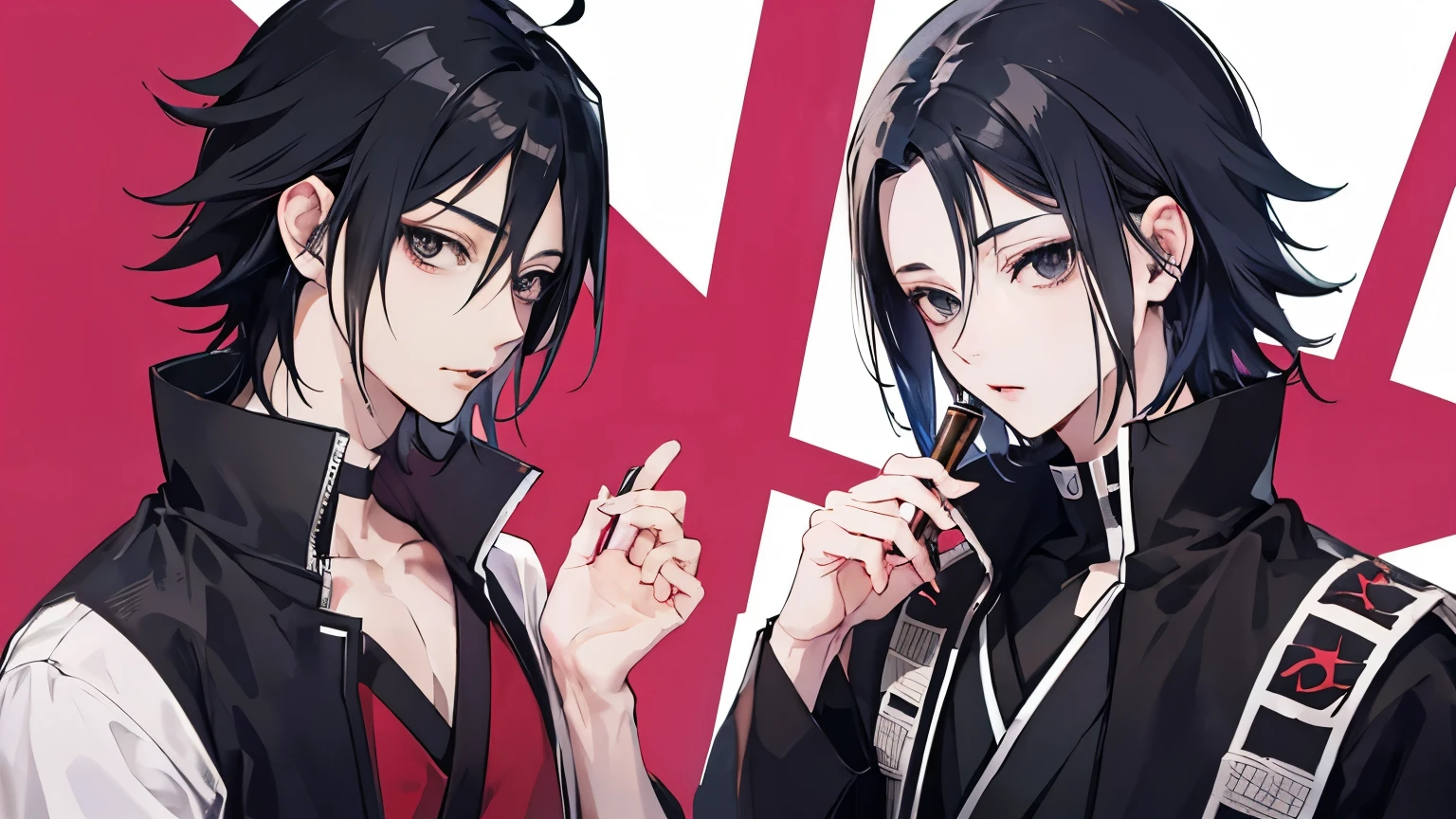 He has mostly Uchiha characteristics, fair complexion, good looking, black eyes, his hair colour is dark red. His hair is kept short, ruffled, and spiked, with two strands of hair near the opposite sides of his head falling over his face, as well as distinct sideburns (Mikoto Suoh hairstyle from the anime K). He uses daggers and dresses in uchiha style clothing (similar to Sasuke Uchiha from the anime Naruto) ((draw only 1 man))