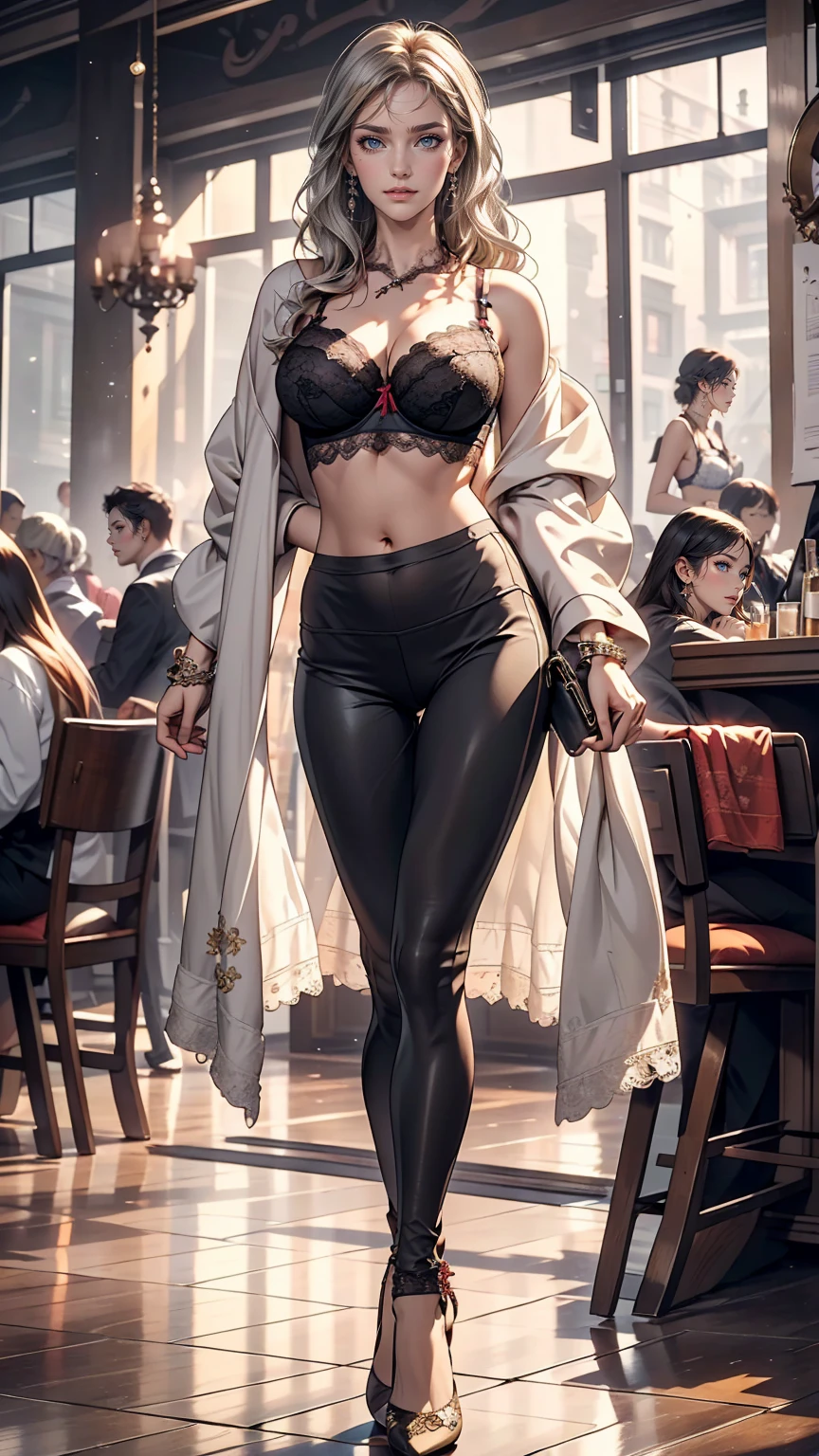 24 year old Caucasian female、Silver Hair、、long hair、Hair becomes wavy、Outstanding proportions、Wear a see-through blouse((The lace-decorated bra is visible through the fabric))、I can see my belly button、Wear low rise leggings、Wear stiletto heels