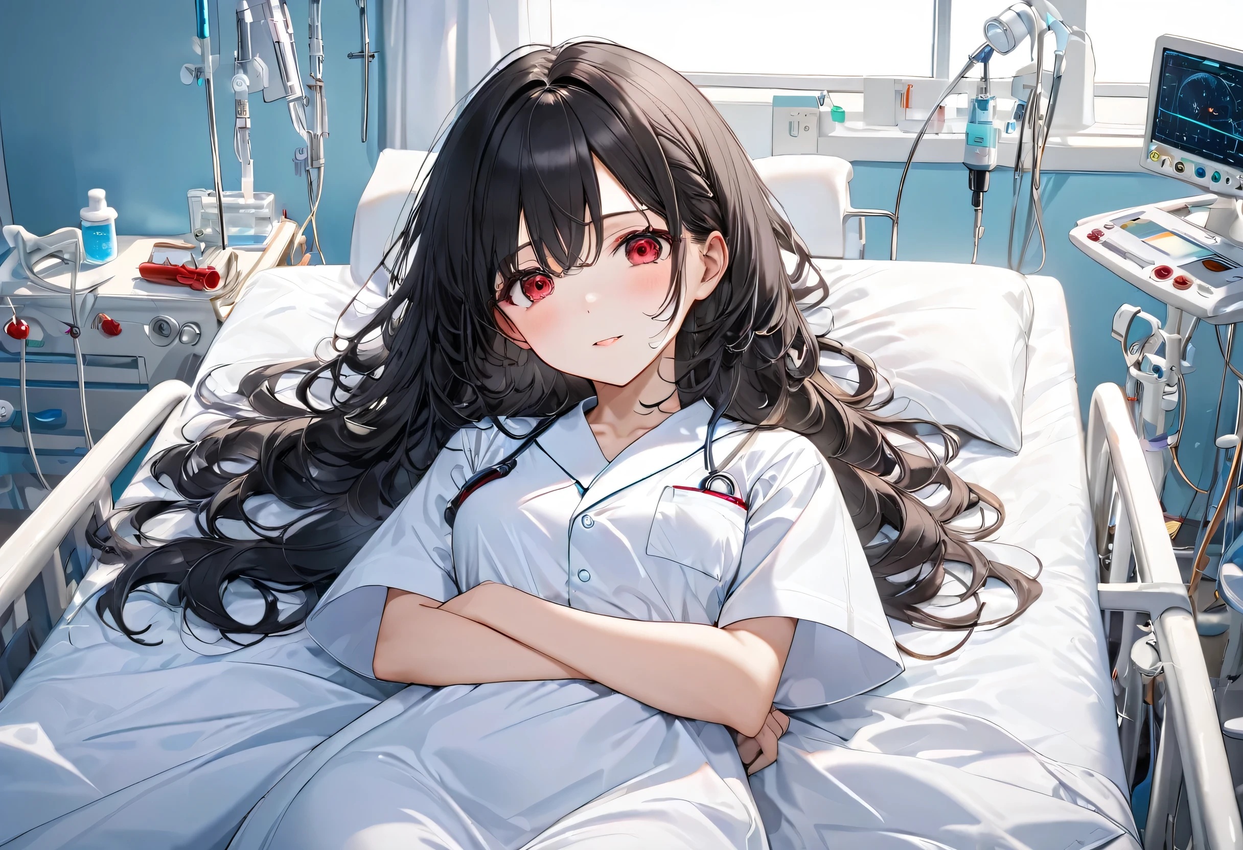 (rest style) (own back Lying on the bed), (solo curly:1.2 black hair long hair cute girl, half closed red eyes, Spacey face), (in a white Hospital gown), BREAK, (in the Hospital bedroom, bed side on Vital Instruments), BREAK, perfect anatomy, masterpiece, best quality, 16k, beautiful detailed grow, daydreaming expression.