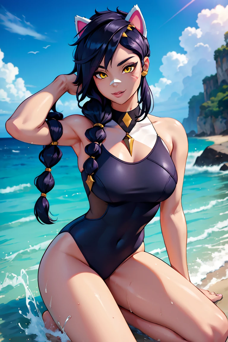 Erisa, 1girl, solo, long hair, looking at viewer, black hair, bandaid on face, yellow eyes, animal ears, smile, bandaid on nose, braid, cat ears, bandaid, bangs, breasts, fake animal ears, simple background, fang, bare shoulders, scar, bare shoulders, closed mouth, hair over one eye, portrait, hair over shoulder, legs, seductive, bathing suit, 2 piece swimsuit, beach, realistic, highly detailed face, detailed eyes, best quality, masterpiece, ultra detail, ultra high res, extreme detail, 8k, uhd, voluptuous