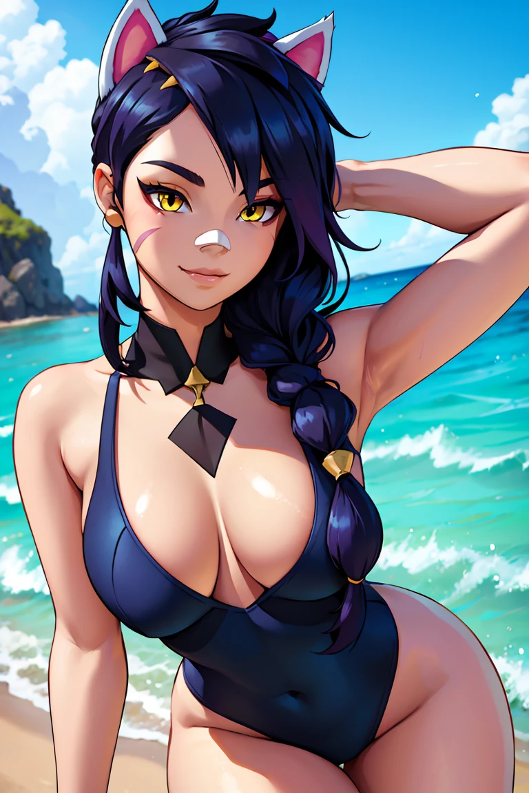 Erisa, 1girl, solo, long hair, looking at viewer, black hair, bandaid on face, yellow eyes, animal ears, smile, bandaid on nose, braid, cat ears, bandaid, bangs, breasts, fake animal ears, simple background, fang, bare shoulders, scar, bare shoulders, closed mouth, hair over one eye, portrait, hair over shoulder, legs, seductive, bathing suit, 2 piece swimsuit, beach, realistic, highly detailed face, detailed eyes, best quality, masterpiece, ultra detail, ultra high res, extreme detail, 8k, uhd, voluptuous