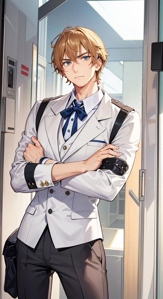 Man in a suit, arms crossed, lewd expression