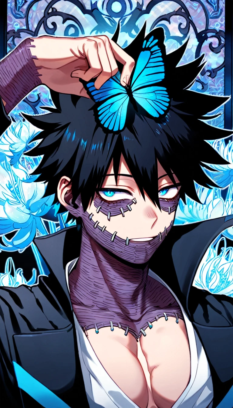 absurdres, highres, ultra detailed, HDR, master piece, best quality, Dabi, black hair spiked around his head, expressive turquoise eyes, Boku no hero academia, solo, sexy man, handsome, toned chest, black coat with high collar, white shirt, patterns, magical, fantasy, blue flames background, blue spider lilies, shining, blue petals, blue glittering butterflies, blue flames around him, extremely detailed face and eyes