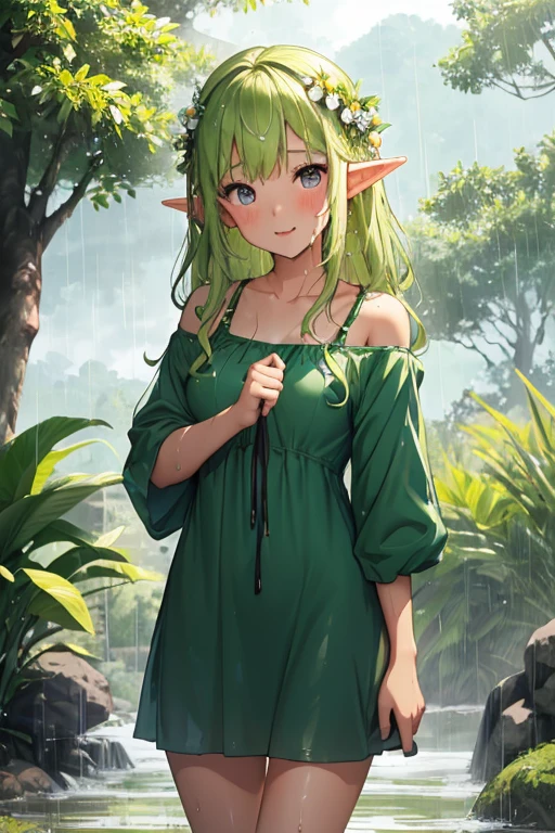 summer rain, grassland(sliva), Trees in the distance々The lush mountain range、Girl getting wet in the rain(Elf Girl, 18-year-old girl), Wet, clingy clothing(A one-piece summer dress)