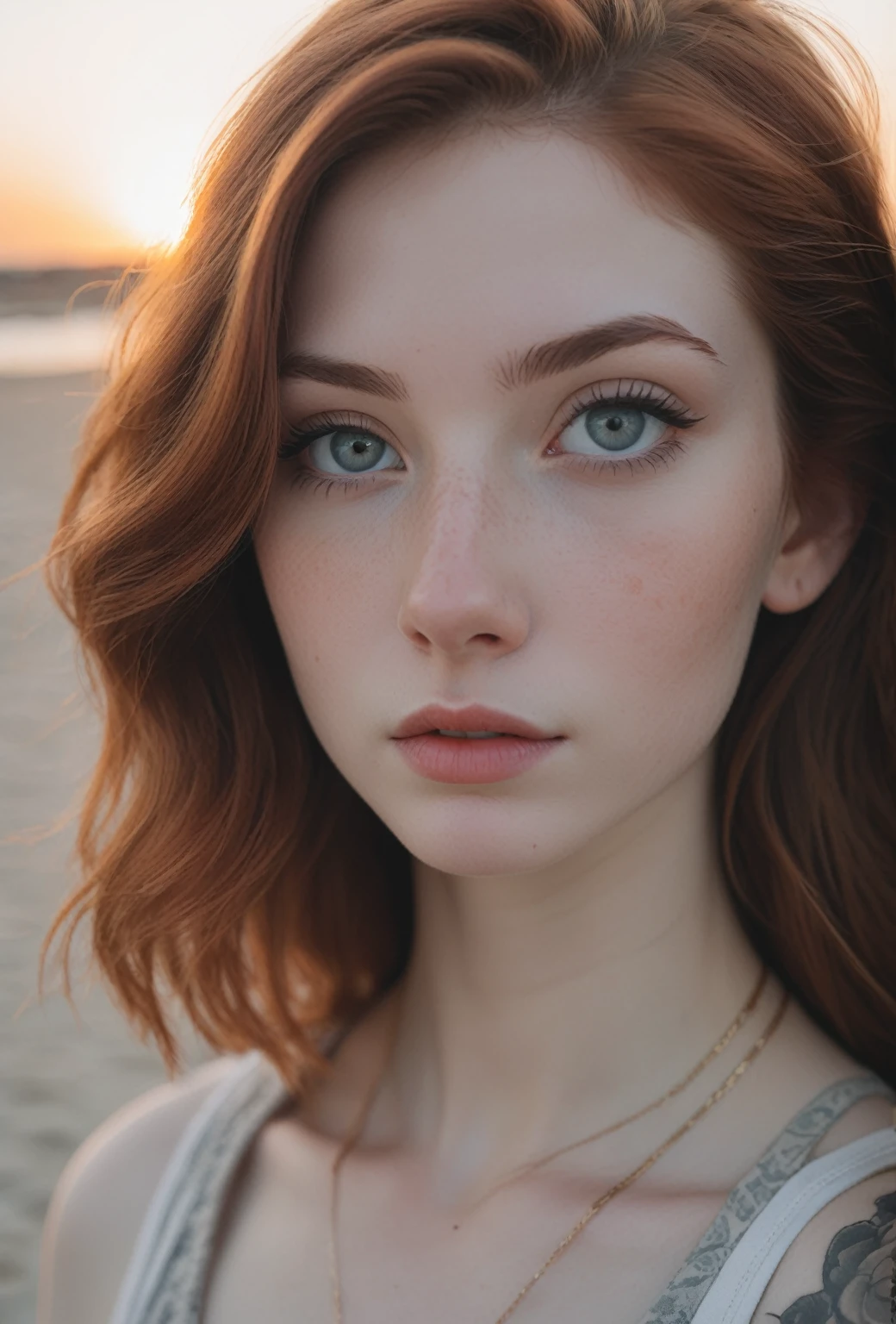 Cropped out face, A up close selfie photo of a half american half french  white pale skin, auburn hair,  showing cleavage, ultra detailed, dramatic, atmospheric, Masterpiece cinematic, clarity, 16mm, color graded portra 400 film, remarkable color, lip gloss, eyeliner, tattoos, hair follicles, subcutaneous veins, (cellulite), warm sunset on the northern coast of France