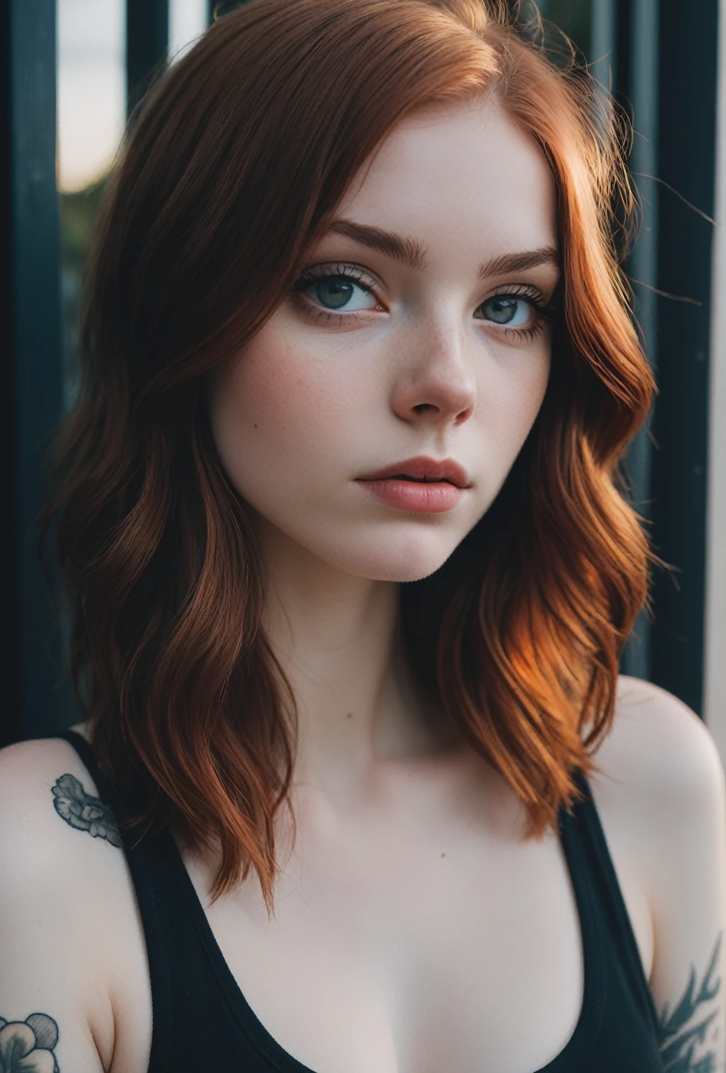 Cropped out face, A up close selfie photo of a half american half french 17 year old white pale skin, auburn hair, showing cleavage, ultra detailed, dramatic, atmospheric, Masterpiece cinematic, clarity, 16mm, color graded portra 400 film, remarkable color, lip gloss, eyeliner, tattoos, hair follicles, subcutaneous veins, (cellulite), warm sunset on the northern coast of France