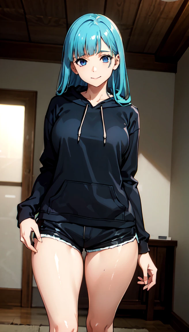 photorealistic, (4k), depth of field, (Masterpiece), (realistic skin texture), extremely detailed, intricate, hyper detailed, professional photography, bokeh, high resolution, sharp detail, best quality, girl, long hair, aqua hair, blunt bangs, blue eyes, dynamic pose, black baggy graphic hoodie, dolfine shorts, booty shorts, beautiful thighs, indoors, (facing viewer), looking at viewers, large breasts,kasumi, miwa, kasumi miwa,, mouth slightly open, smiling, hourglass shape, black hoodie, 3\4 body shot, hands in between thighs, long sleeve, leaning forward,, thick heavy hoodie, standing in bedroom, head on shot