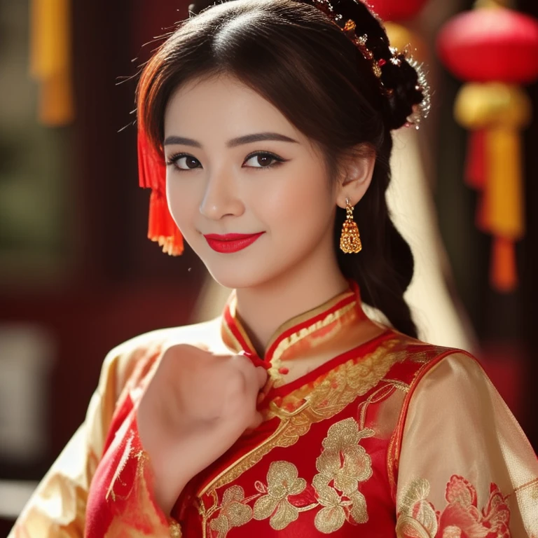 Close-up of woman in red dress posing for photo, Chinese dress, Cheongsam, wearing a red Cheongsam, Chinese style, traditional chinese, traditional chinese clothing, Chinese girl, Chinese woman, Chinese dress, with ancient Chinese clothes, Gorgeous Chinese model, cute woman, Wear beautiful clothes., traditional beauty, Wear gorgeous clothes.