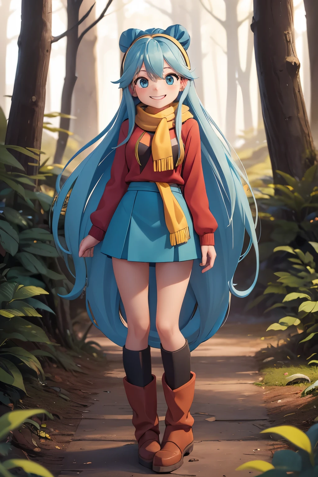 girl with a long hair, light blue hair, yellow scarf, red sweater, blue skirt, black leggings, red boots, Hilda, cute, anime cartoon, in the forest, smiling, 
