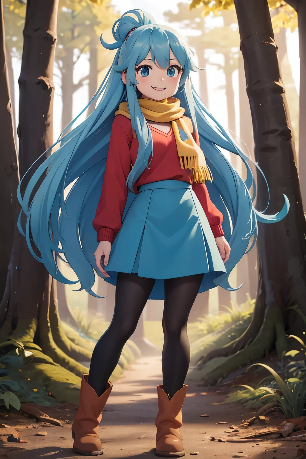 girl with a long hair, light blue hair, yellow scarf, red sweater, blue skirt, black leggings, red boots, Hilda, cute, anime cartoon, in the forest, smiling, 
