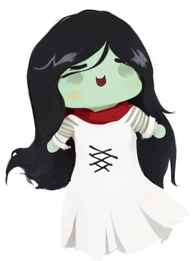 a cartoon girl in a white dress with a red scarf, chibi, chibi monster girl, pale young ghost girl, lineless, absurdist wiggly blob in a dress, inspired by Maki Haku, smol, monstergirl, marceline from adventure time, drawn in microsoft paint, advanced digital chibi art, chibi art, chibi style, unknown artstyle, zumidraws