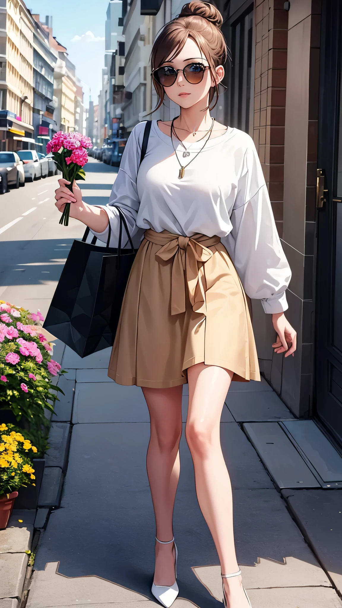 Very detailed, high quality, masterpiece, 1 female, Walking down the street, shopping bags in both hands, Happy expression, Brown Hair, Tied up in a messy bun, (Casual wear: 1.1), White T-shirt, Short skirt, High heels, light makeup, (Silver Necklace: 1.2), Wear sunglasses on your head, Holding flowers, People in the background々and storefront, Outdoor, sunny day.