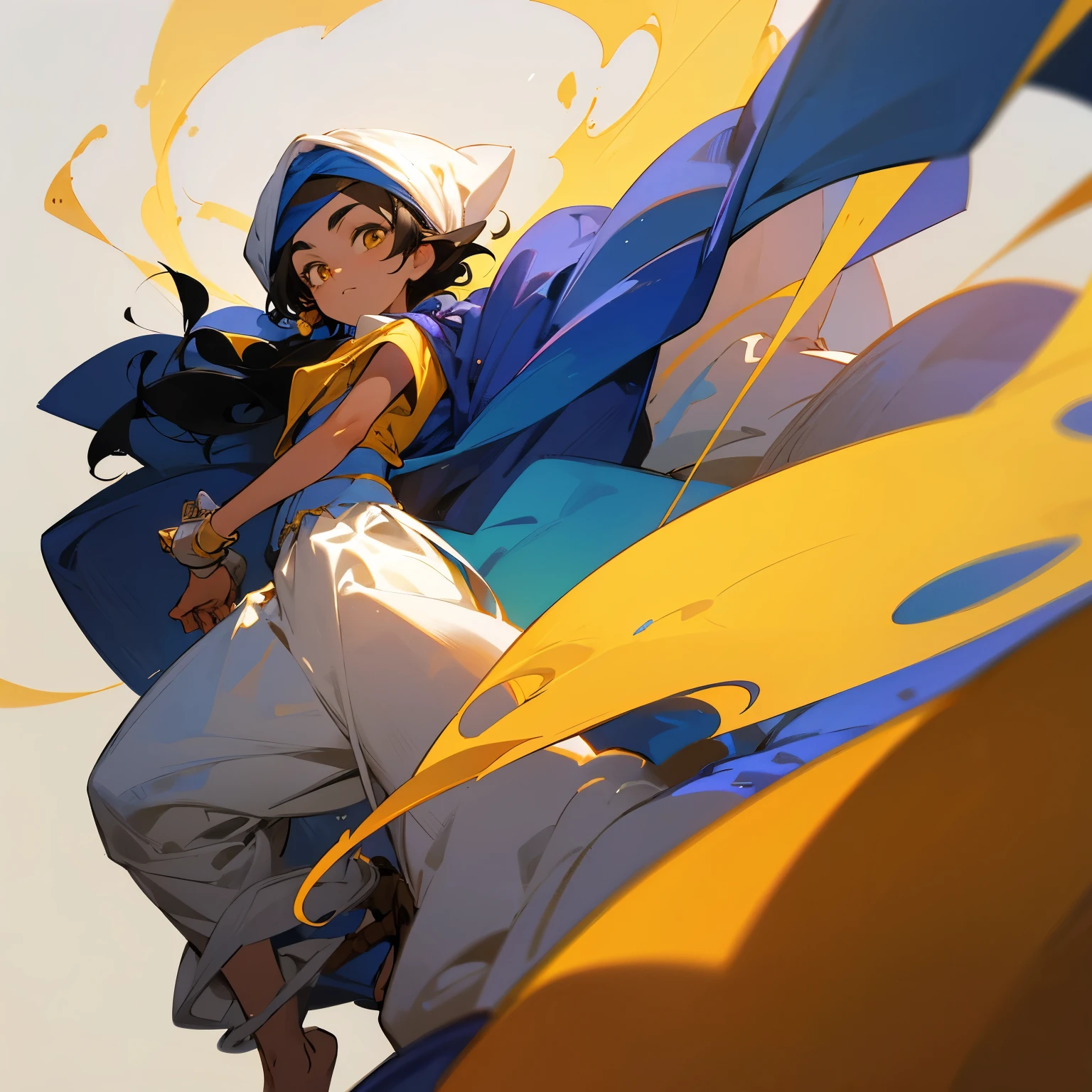 Aladdin、cool、boy, Yellow Eyes,  Black hair,White skin,Arabian white turban,Dynamic Angle,highest quality, highest quality, High-quality illustrations, masterpiece, Ultra-high resolution, Detailed Background, Detailed Background, Observe the audience