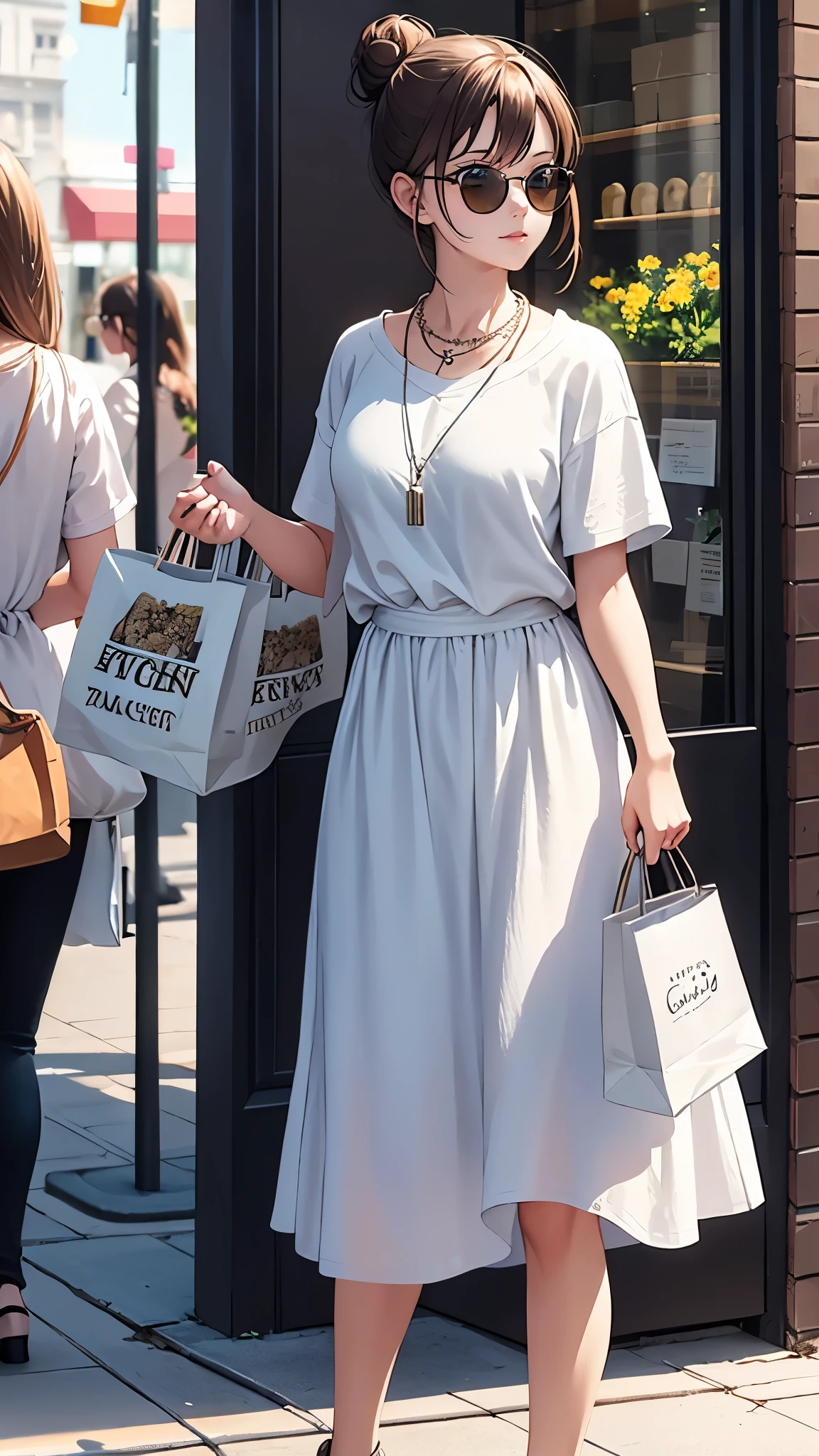 Very detailed, high quality, masterpiece, 1 female, Walking down the street, shopping bags in both hands, Happy expression, Brown Hair, Tied up in a messy bun, (Casual wear: 1.1), White T-shirt, Short skirt, High heels, light makeup, (Silver Necklace: 1.2), Wear sunglasses on your head, Holding flowers, People in the background々and storefront, Outdoor, sunny day.