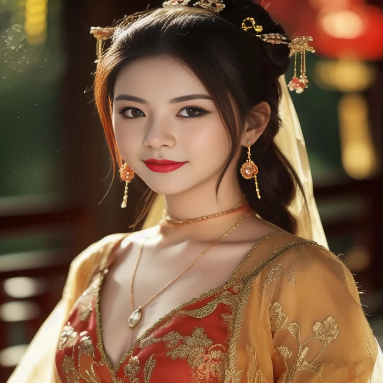 Close-up of woman in red dress posing for photo, Chinese dress, Cheongsam, wearing a red Cheongsam, Chinese style, traditional chinese, traditional chinese clothing, Chinese girl, Chinese woman, Chinese dress, with ancient Chinese clothes, Gorgeous Chinese model, cute woman, Wear beautiful clothes., traditional beauty, Wear gorgeous clothes.
