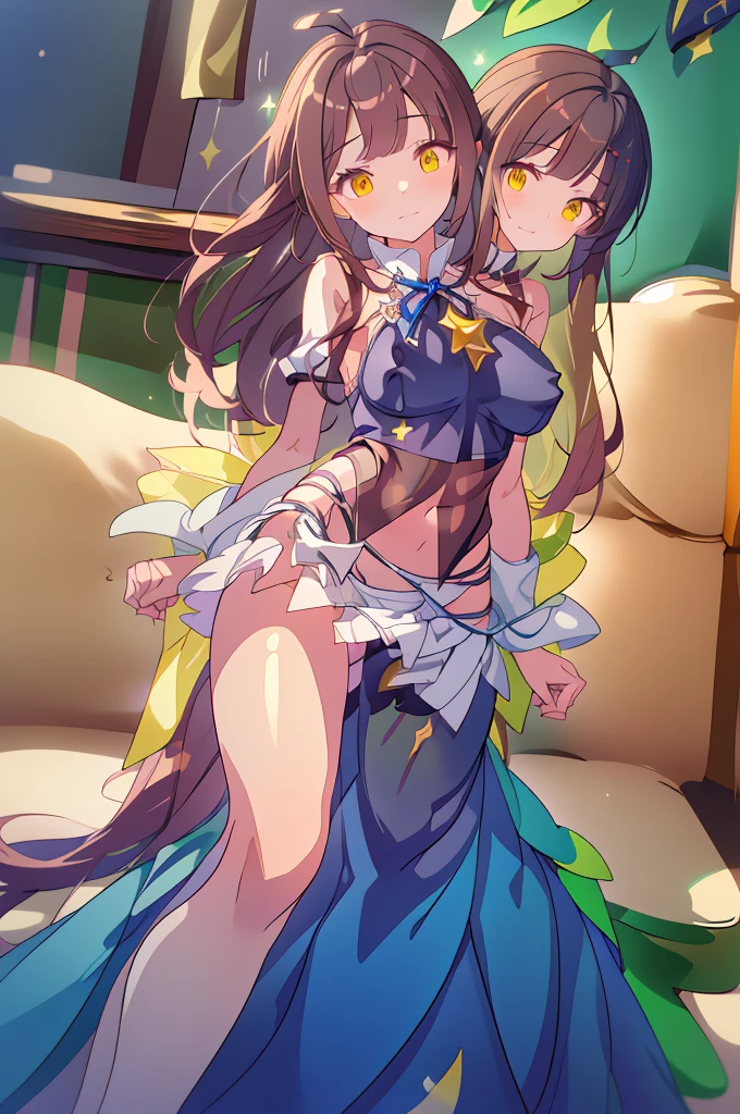 (masterpiece, best quality), best quality, (ultra-detailed), (3heads:1.5), 1girl, (star sapphire:1.3), masterpiece, best quality, ultra quality, ultra resolution, ultra detail, white top, crop top, ((stomach)), midriff, ((groin)), open midriff, white and blue skirt, miniskirt, normal ears, shackles, dark brown hair, very long hair, wavy hair, sidelocks, yellow eyes, detailed eyes, parted lips, fairy wings, sweat, cute, open belly, toned belly, hand on own chest, eyelashes, (24 year old woman:1.3), (masterpiece:1.5), (best quality:1.5), (beautiful detailed), extremely detailed CG, extremely delicate and beautiful, depth of field, (finely detailed face), (perfect details:1.2), (mature female:1.3), wide pelvis, slender, large veiny breast, 16k resolution, highres, high quality, high definition, extremely detailed, masterpiece, dark brown hair, long hair, alluring presence, braid, short skirt, miniskirt, close up, big tits, young, blue ribbon attached to the hair, butterfly-shaped wings, open belly, midriff, nsfw, bare stomach,